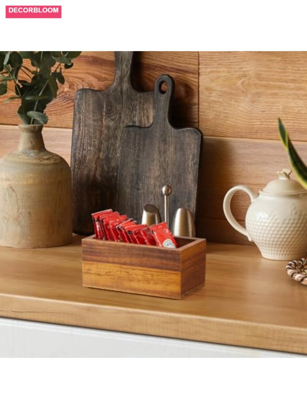 Solid Acacia Wood Sugar Packet Holder Coffee Bar Organizer - Picture 6 of 6